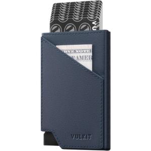 VULKIT Pop up Card Wallet RFID Blocking Slim Aluminum Metal Bank Card Holder Case with Business Money Pocket for Credit Cards Notes and Coins (Pink)(Top-Grain Cowhide Navy)