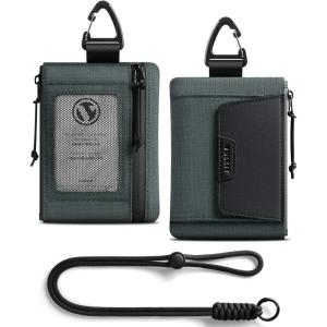 VULKIT RFID Blocking Lanyard Wallet for Men and Women, Nylon Neck Wallet with ID Window, Zipper Pouch and Keychain, Magnetic Pocket for Hiking, Fishing and Outdoor Activities, Carbon Black(Slate Green)