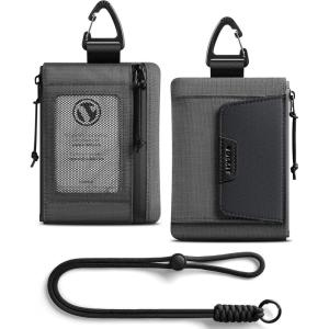 VULKIT RFID Blocking Lanyard Wallet for Men and Women, Nylon Neck Wallet with ID Window, Zipper Pouch and Keychain, Magnetic Pocket for Hiking, Fishing and Outdoor Activities, Carbon Black(Ash Gray)