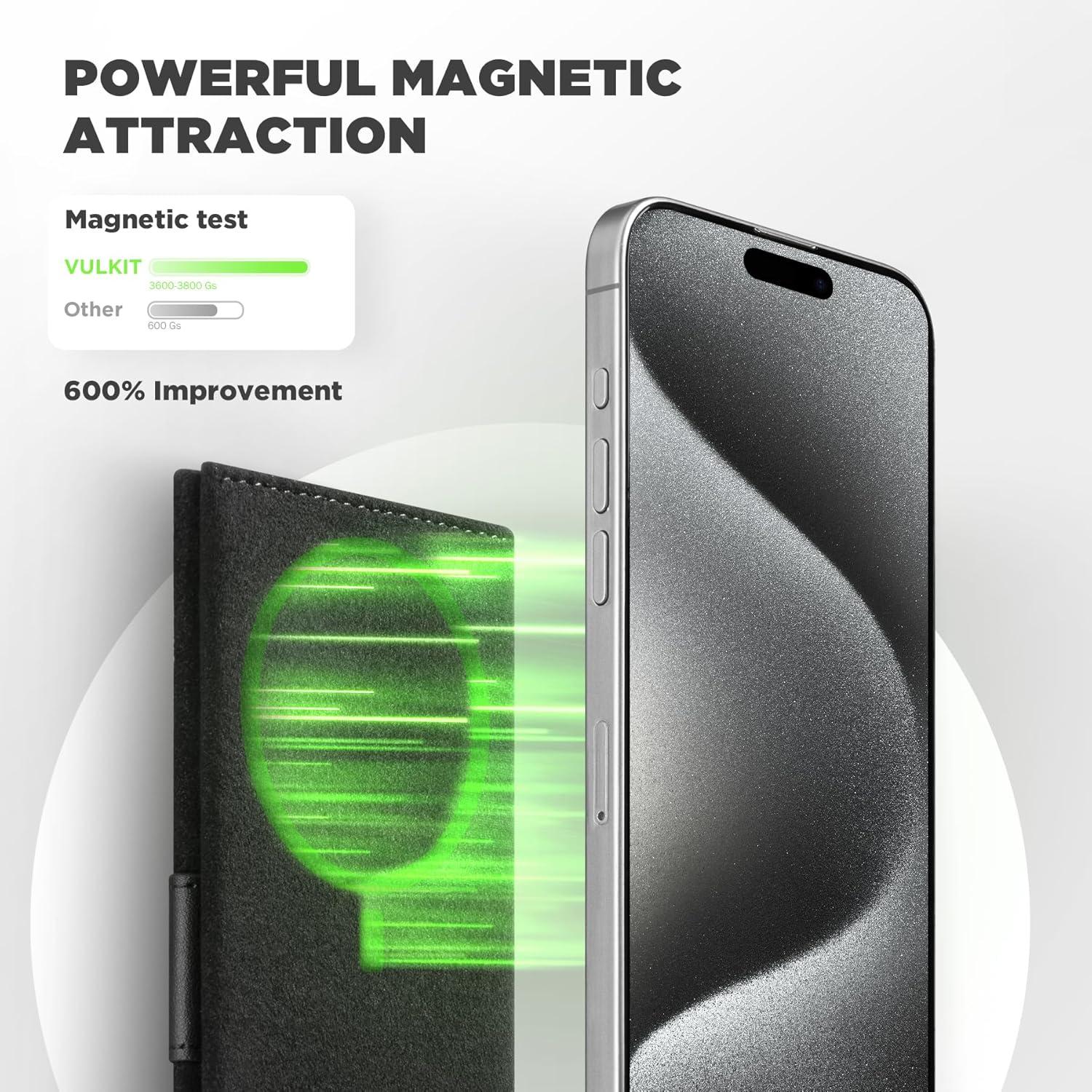 image:imageVULKIT Magnetic Wallet Compatible with Mag Safe Wallet for iPhone 1615141312 Series RFID Blocking Credit Card Holder Fits 4 Cards Premium Suede Leather BlackBlack