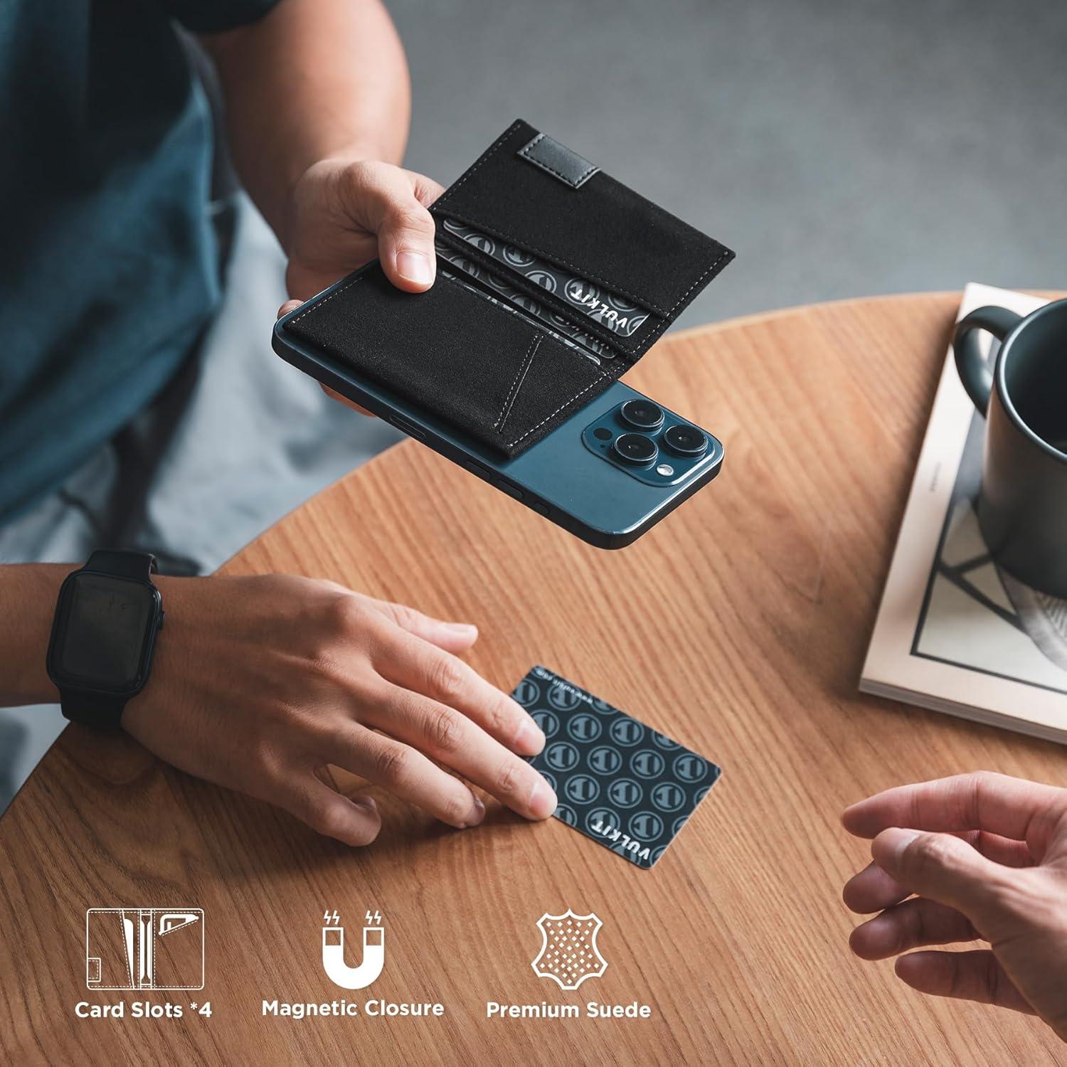 image:imageVULKIT Magnetic Wallet Compatible with Mag Safe Wallet for iPhone 1615141312 Series RFID Blocking Credit Card Holder Fits 4 Cards Premium Suede Leather BlackBlack