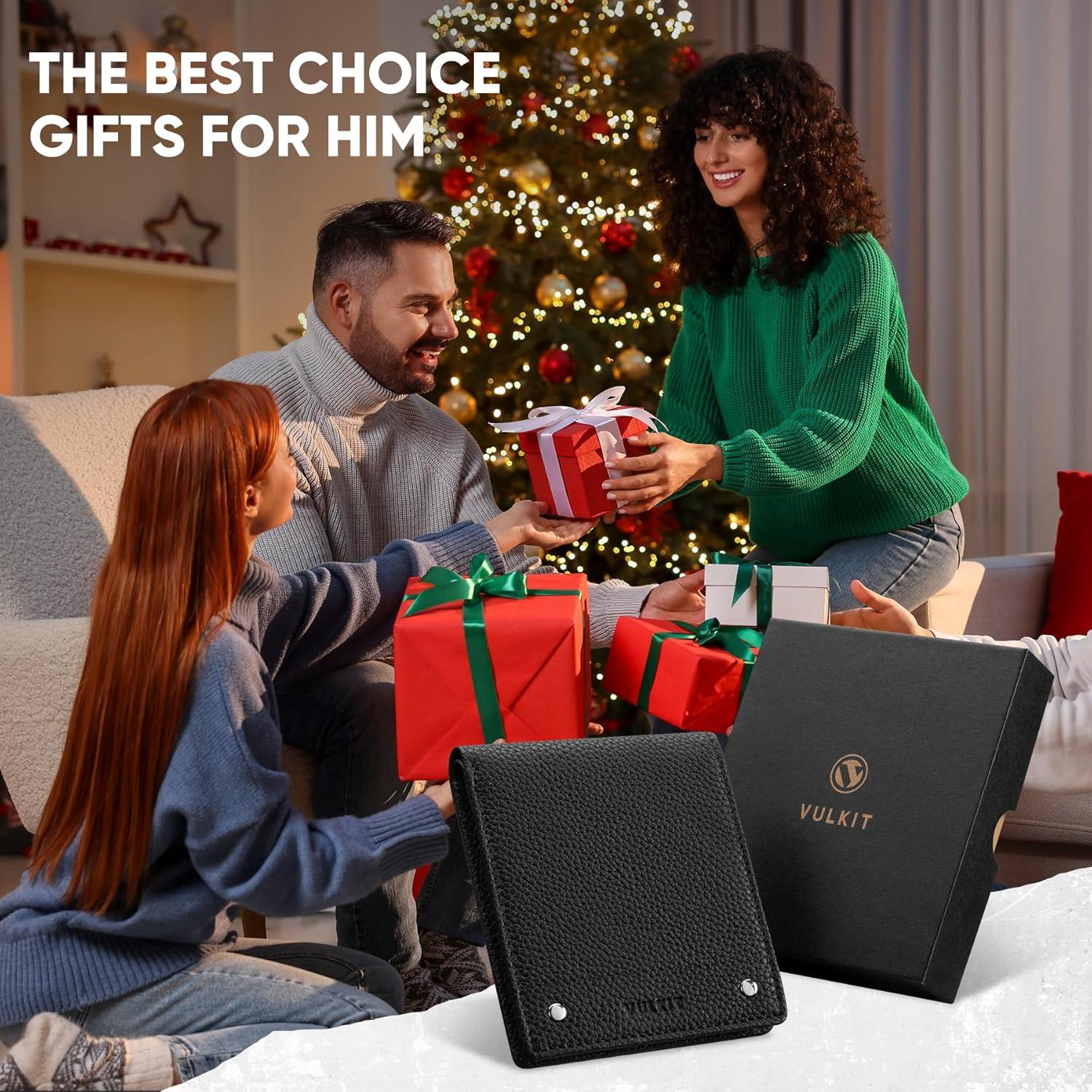 image:imageVULKIT Mens Bifold Wallet Genuine Leather Wallet RFID Blocking with Multiple Card Slots and Double ID Windows Everyday Carry WalletFull Grain Black