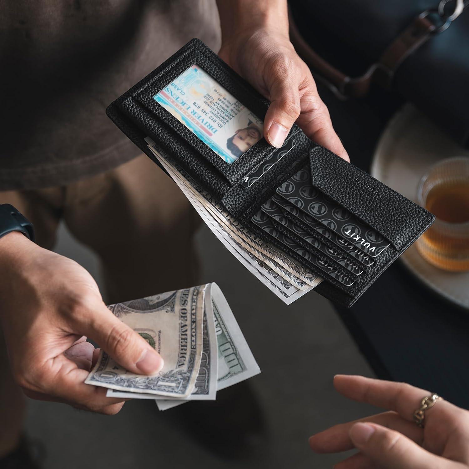 image:imageVULKIT Mens Bifold Wallet Genuine Leather Wallet RFID Blocking with Multiple Card Slots and Double ID Windows Everyday Carry WalletFull Grain Black