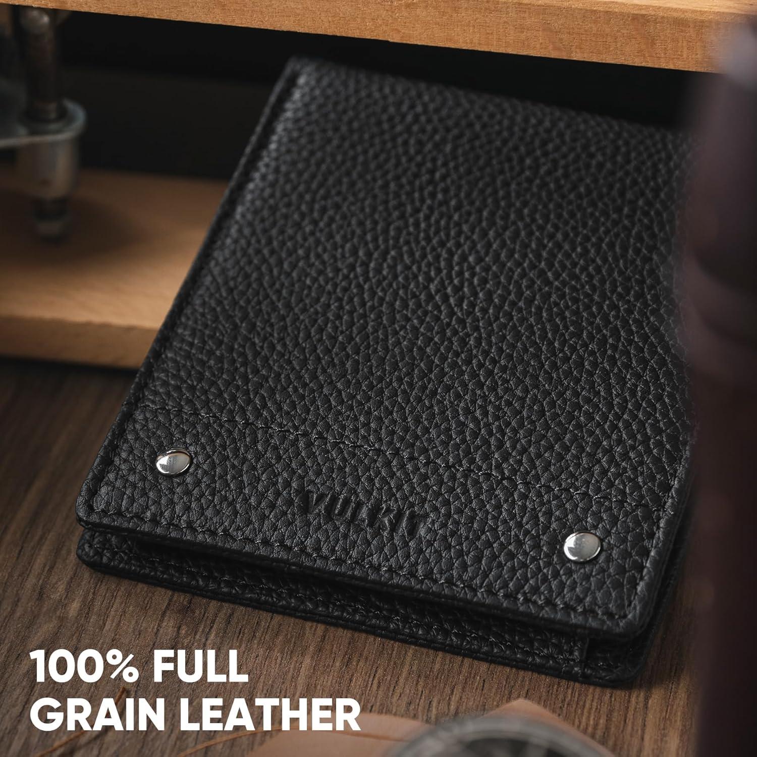 image:imageVULKIT Mens Bifold Wallet Genuine Leather Wallet RFID Blocking with Multiple Card Slots and Double ID Windows Everyday Carry WalletFull Grain Black