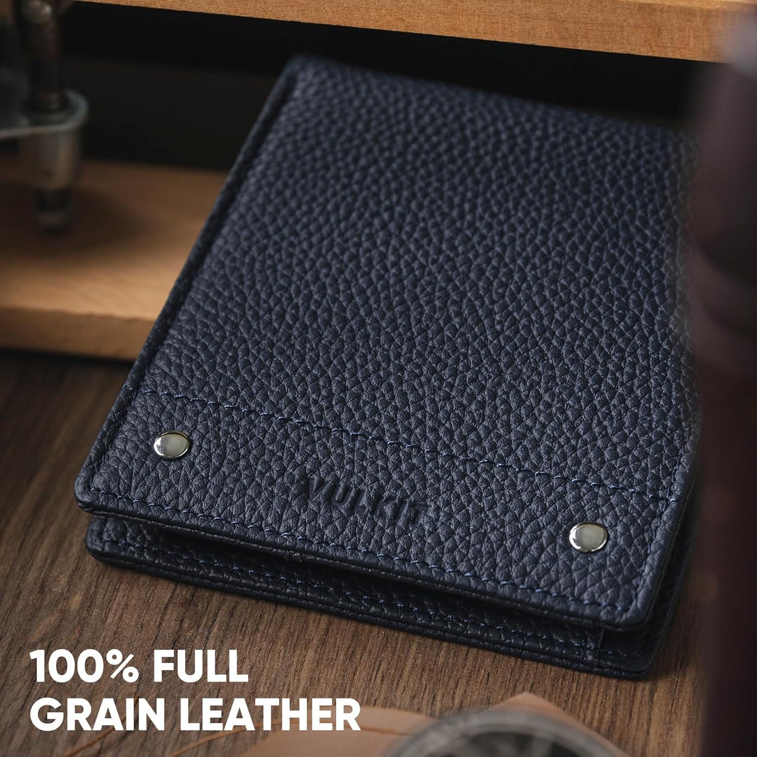 image:imageVULKIT Mens Bifold Wallet Genuine Leather Wallet RFID Blocking with Multiple Card Slots and Double ID Windows Everyday Carry WalletFull Grain Navy