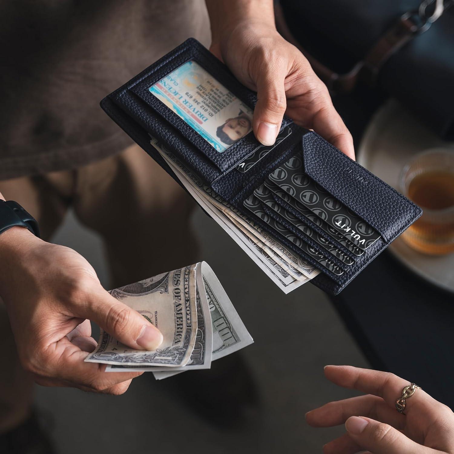 image:imageVULKIT Mens Bifold Wallet Genuine Leather Wallet RFID Blocking with Multiple Card Slots and Double ID Windows Everyday Carry WalletFull Grain Navy