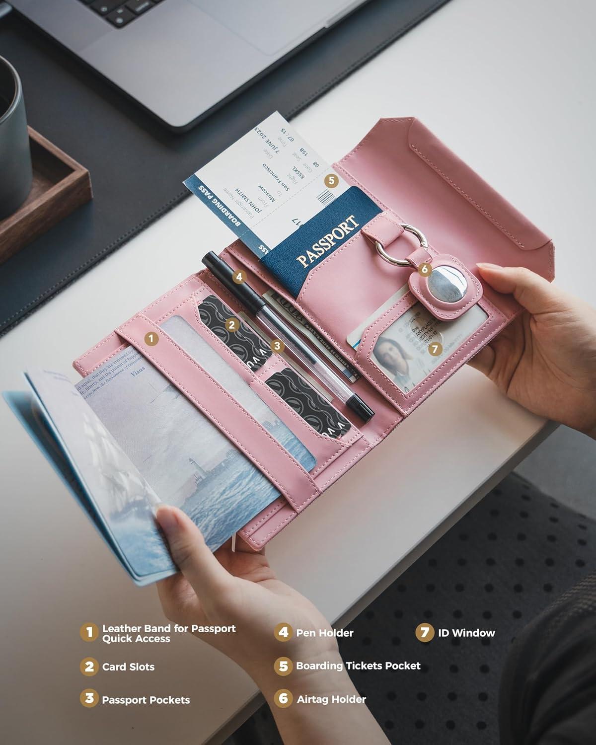 image:imageVULKIT Passport Wallet with Detachable AirTag Holder Vegan Leather Passport Holder RFID Blocking Travel Essential Magnetic Closure PinkPink