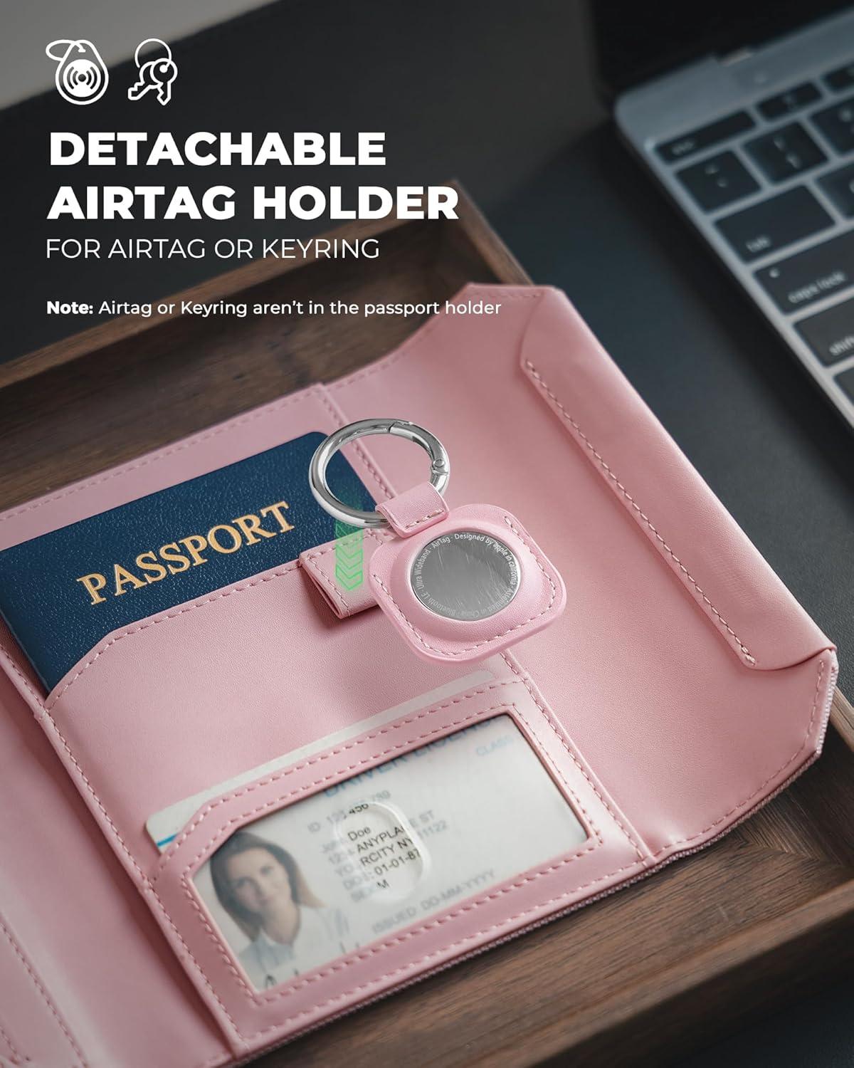 image:imageVULKIT Passport Wallet with Detachable AirTag Holder Vegan Leather Passport Holder RFID Blocking Travel Essential Magnetic Closure PinkPink