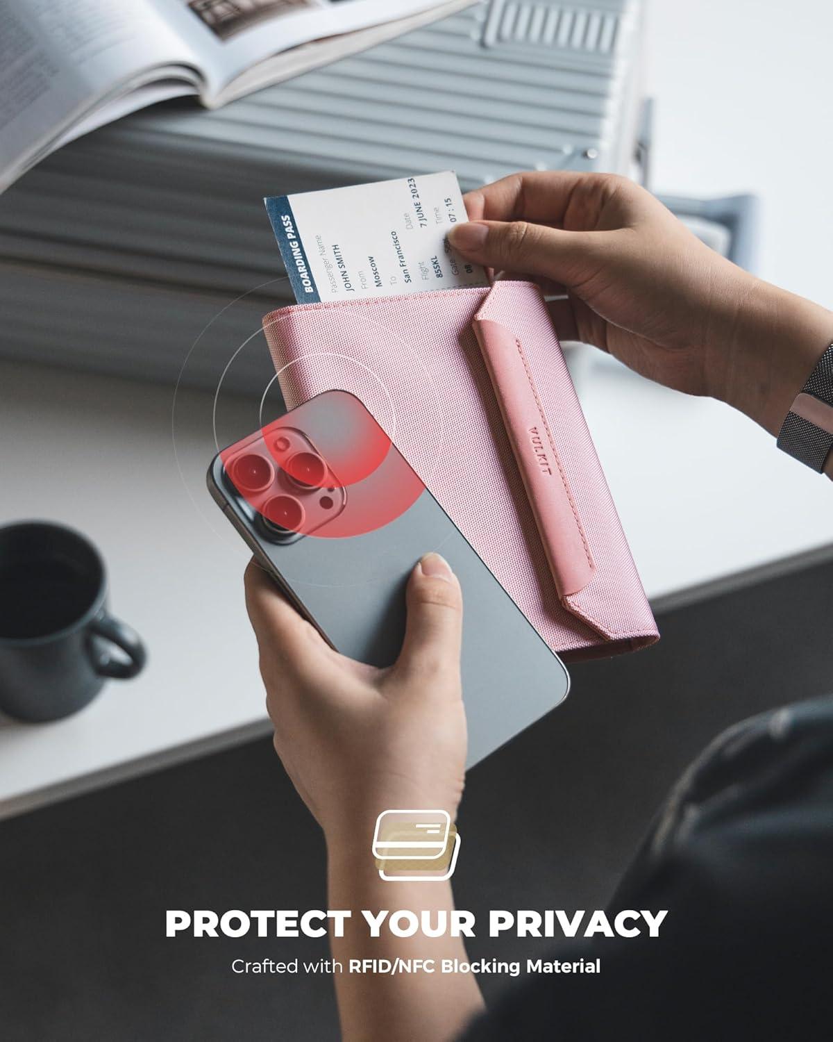 image:imageVULKIT Passport Wallet with Detachable AirTag Holder Vegan Leather Passport Holder RFID Blocking Travel Essential Magnetic Closure PinkPink