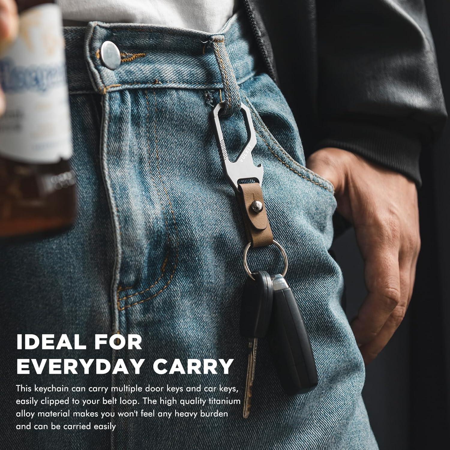 image:imageVULKIT Titanium Key Keeper Genuine Leather Belt Loop Keychain Bottle Opener Keychain EDC Carabiner Key Holder