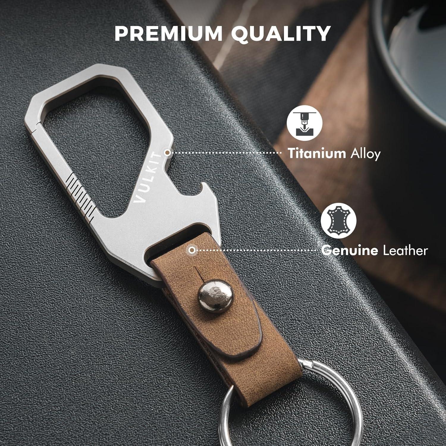 image:imageVULKIT Titanium Key Keeper Genuine Leather Belt Loop Keychain Bottle Opener Keychain EDC Carabiner Key Holder