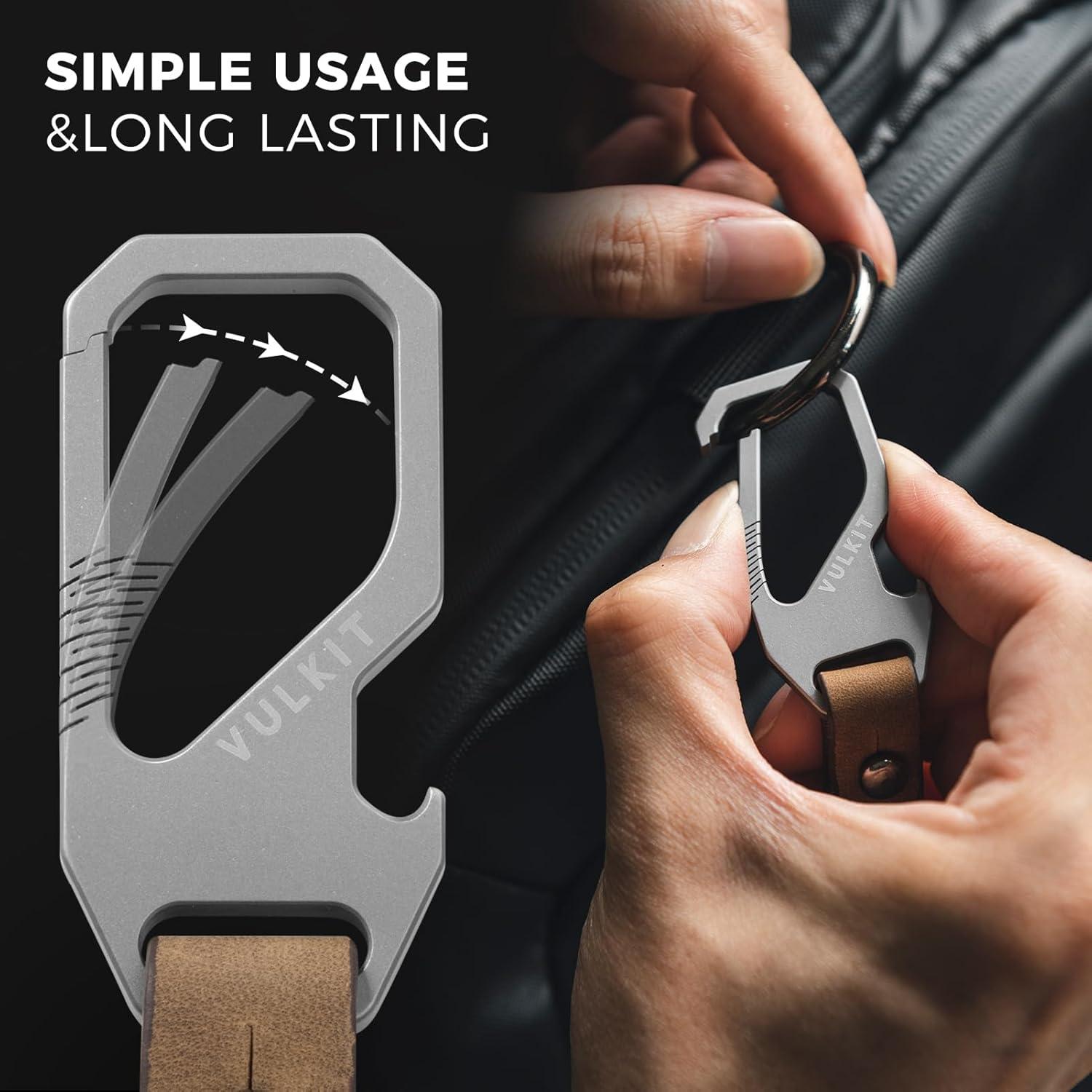 image:imageVULKIT Titanium Key Keeper Genuine Leather Belt Loop Keychain Bottle Opener Keychain EDC Carabiner Key Holder