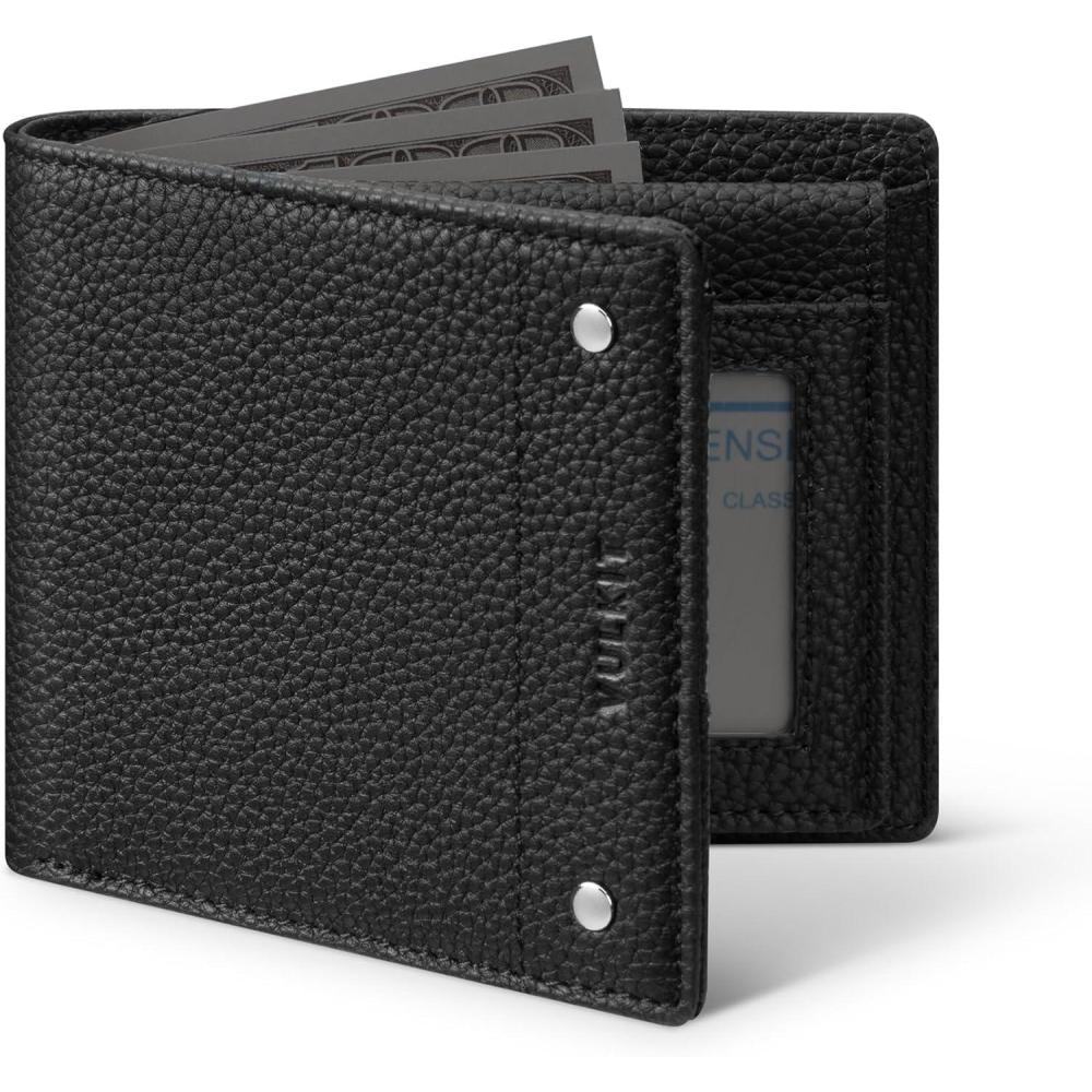 image:imageVULKIT Mens Bifold Wallet Genuine Leather Wallet RFID Blocking with Multiple Card Slots and Double ID Windows Everyday Carry WalletFull Grain Black