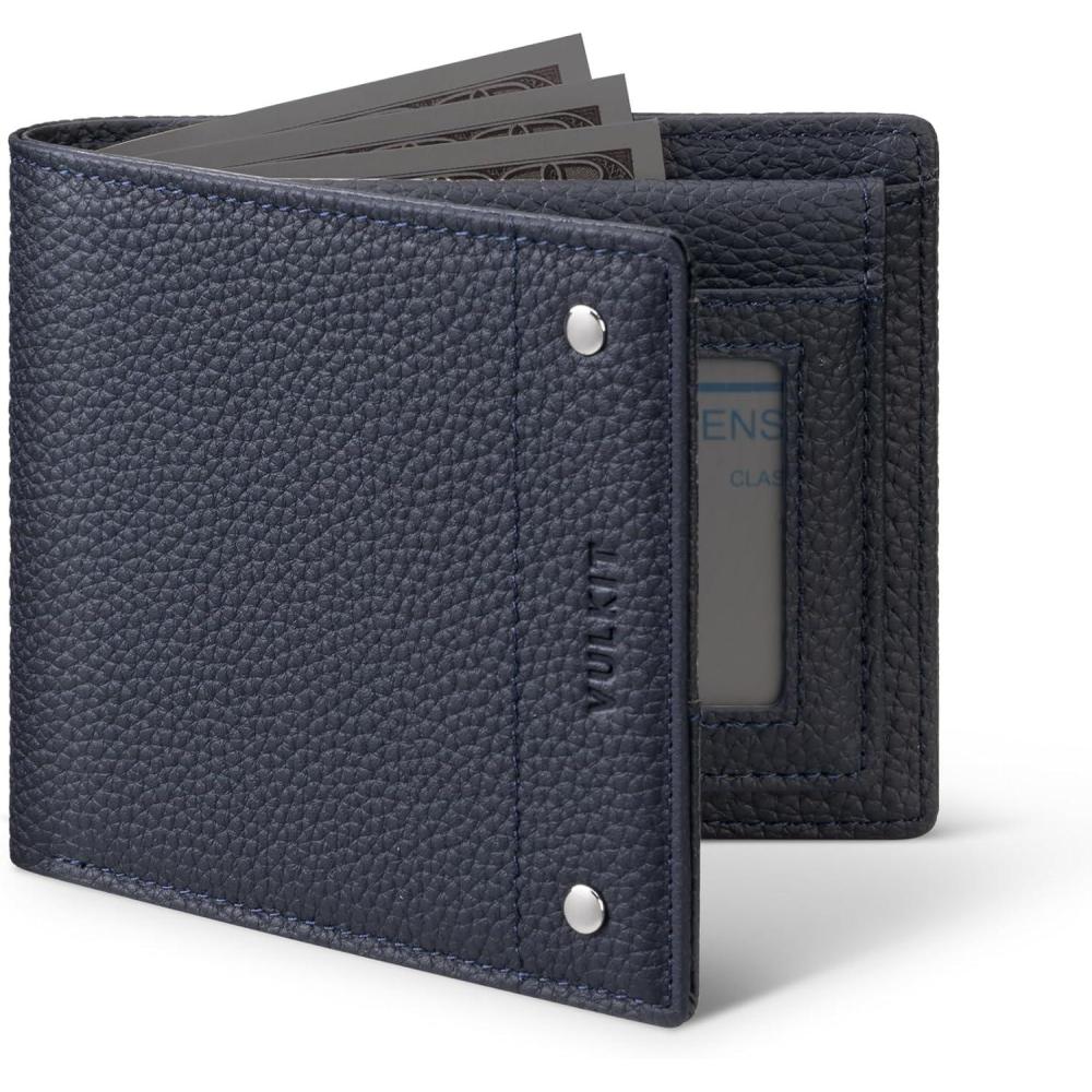 image:imageVULKIT Mens Bifold Wallet Genuine Leather Wallet RFID Blocking with Multiple Card Slots and Double ID Windows Everyday Carry WalletFull Grain Navy