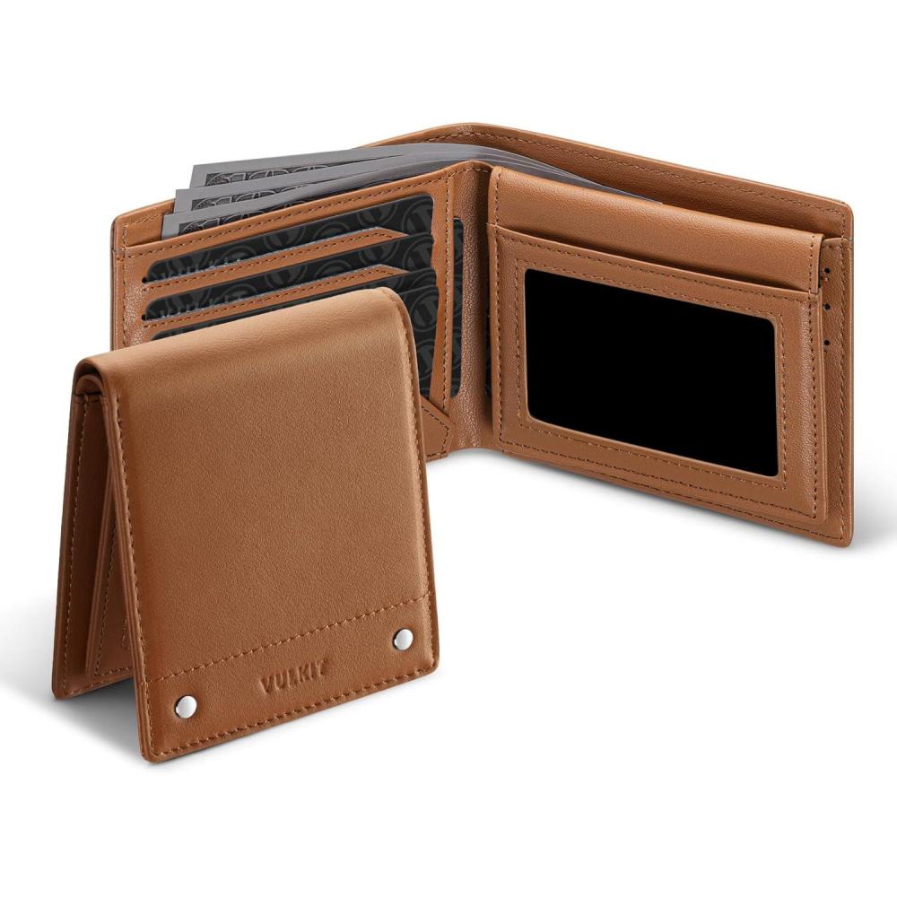 image:imageVULKIT Mens Bifold Wallet Genuine Leather Wallet RFID Blocking with Multiple Card Slots and Double ID Windows Everyday Carry WalletNappa Brown