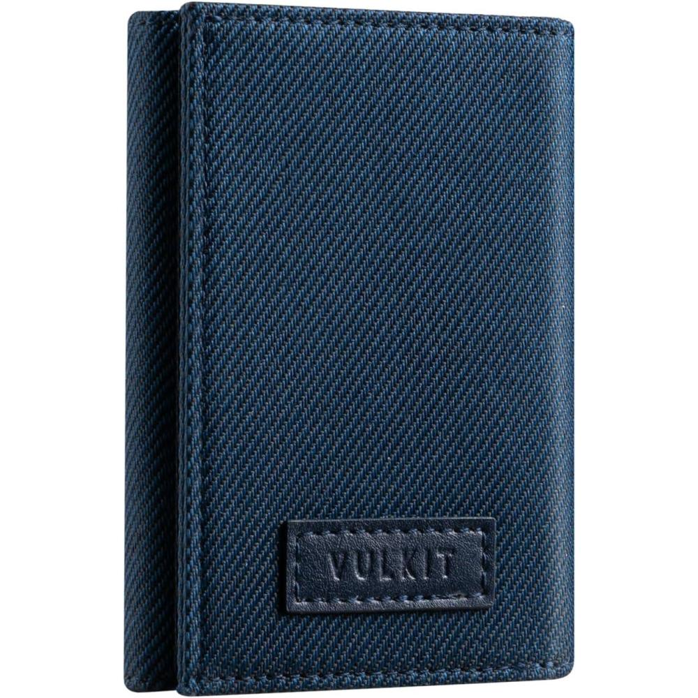image:imageVULKIT Trifold Canvas Wallet Slim Credit Card Holder with 3 ID Windows amp Zipper Pocket Rfid Blocking Minimalist Nylon Wallet for Men Small Mens Polyester Touch Fasteners WalletLight BrownBlue