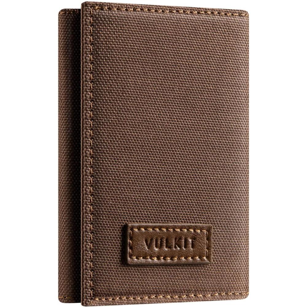 image:imageVULKIT Trifold Canvas Wallet Slim Credit Card Holder with 3 ID Windows amp Zipper Pocket Rfid Blocking Minimalist Nylon Wallet for Men Small Mens Polyester Touch Fasteners WalletLight BrownLight Brown