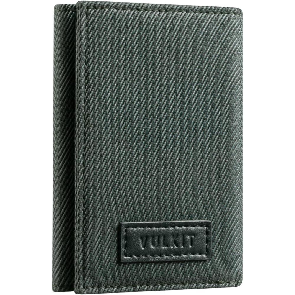 image:imageVULKIT Trifold Canvas Wallet Slim Credit Card Holder with 3 ID Windows amp Zipper Pocket Rfid Blocking Minimalist Nylon Wallet for Men Small Mens Polyester Touch Fasteners WalletLight BrownGreen