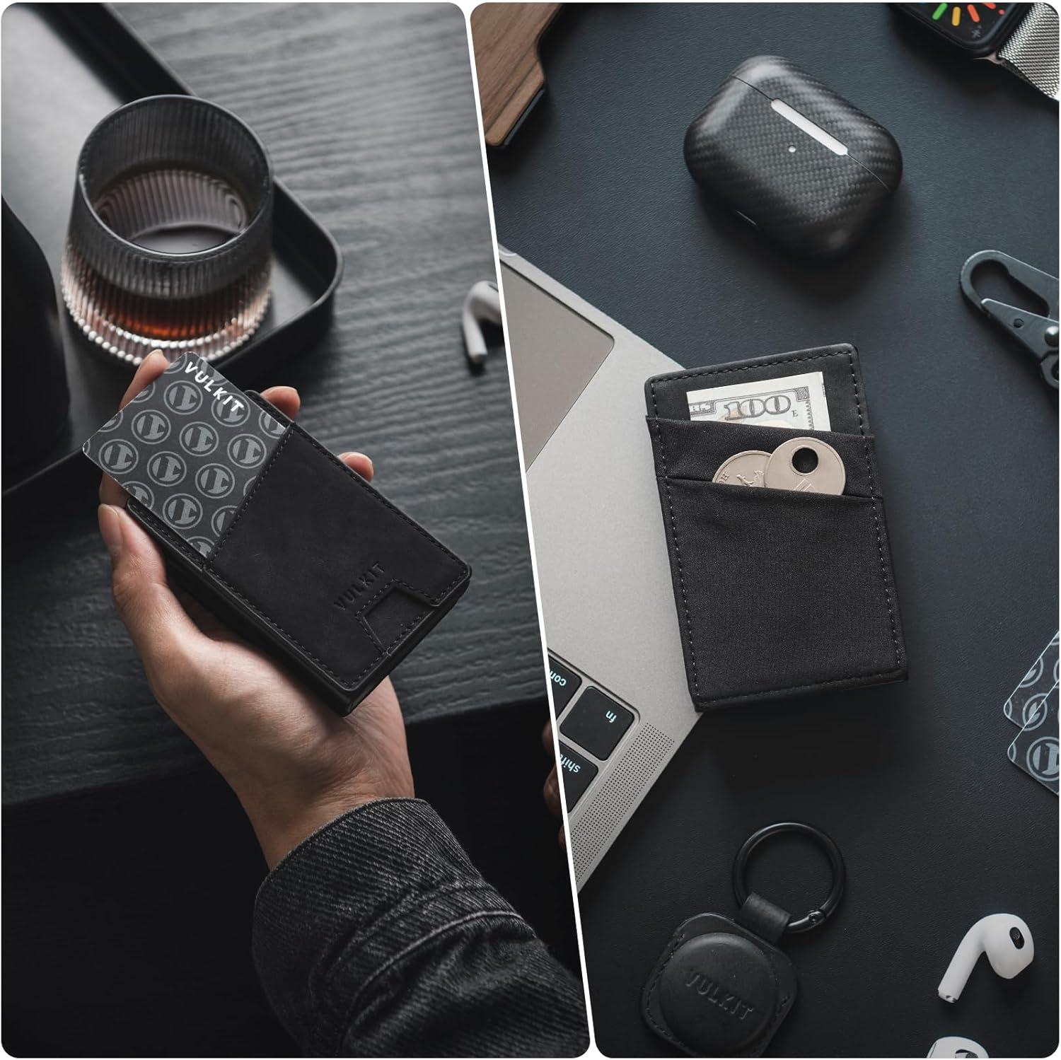 image:imageVULKIT Credit Card Holder with Money Pocket Pop up Wallet Metal Card Case RFID Blocking for Airtag Coins and Cash GreenBlack