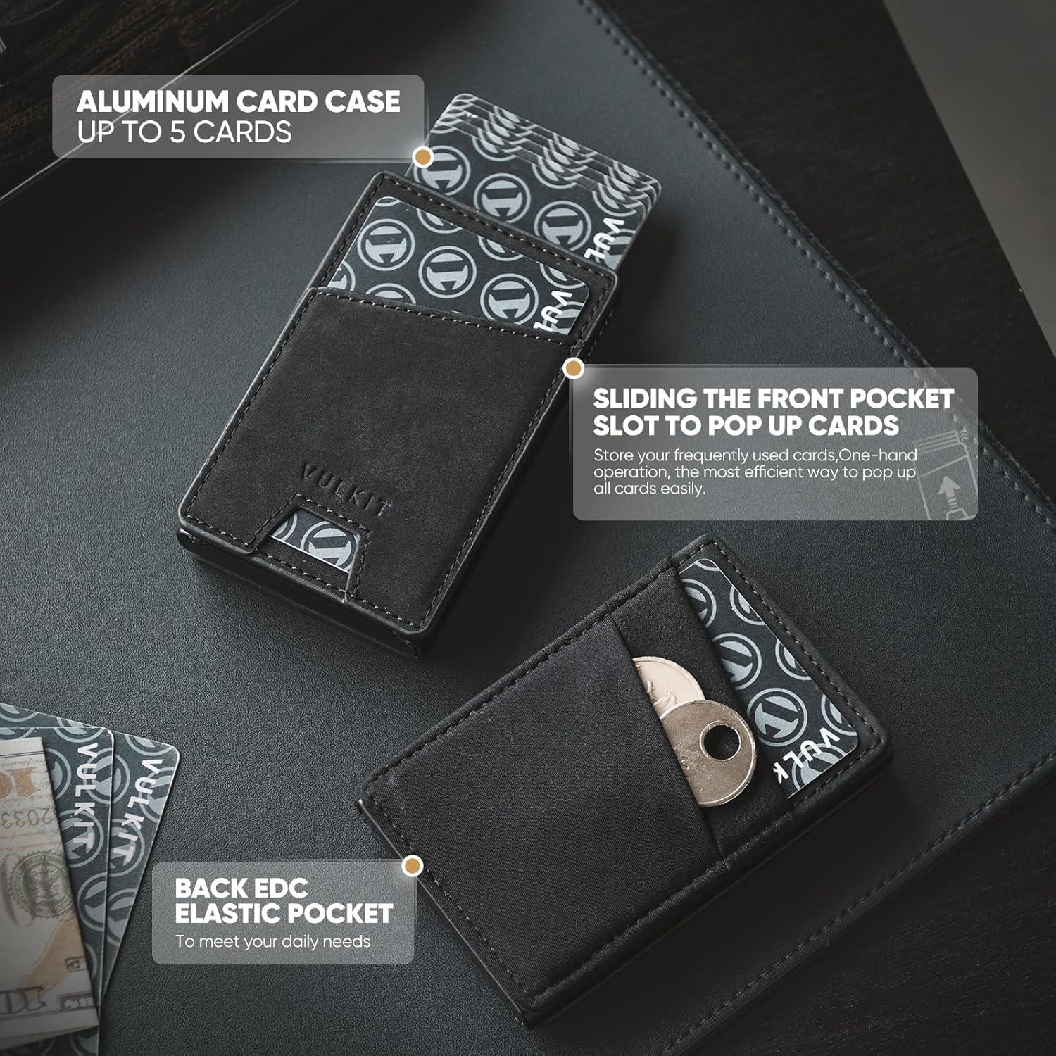 image:imageVULKIT Credit Card Holder with Money Pocket Pop up Wallet Metal Card Case RFID Blocking for Airtag Coins and Cash GreenBlack