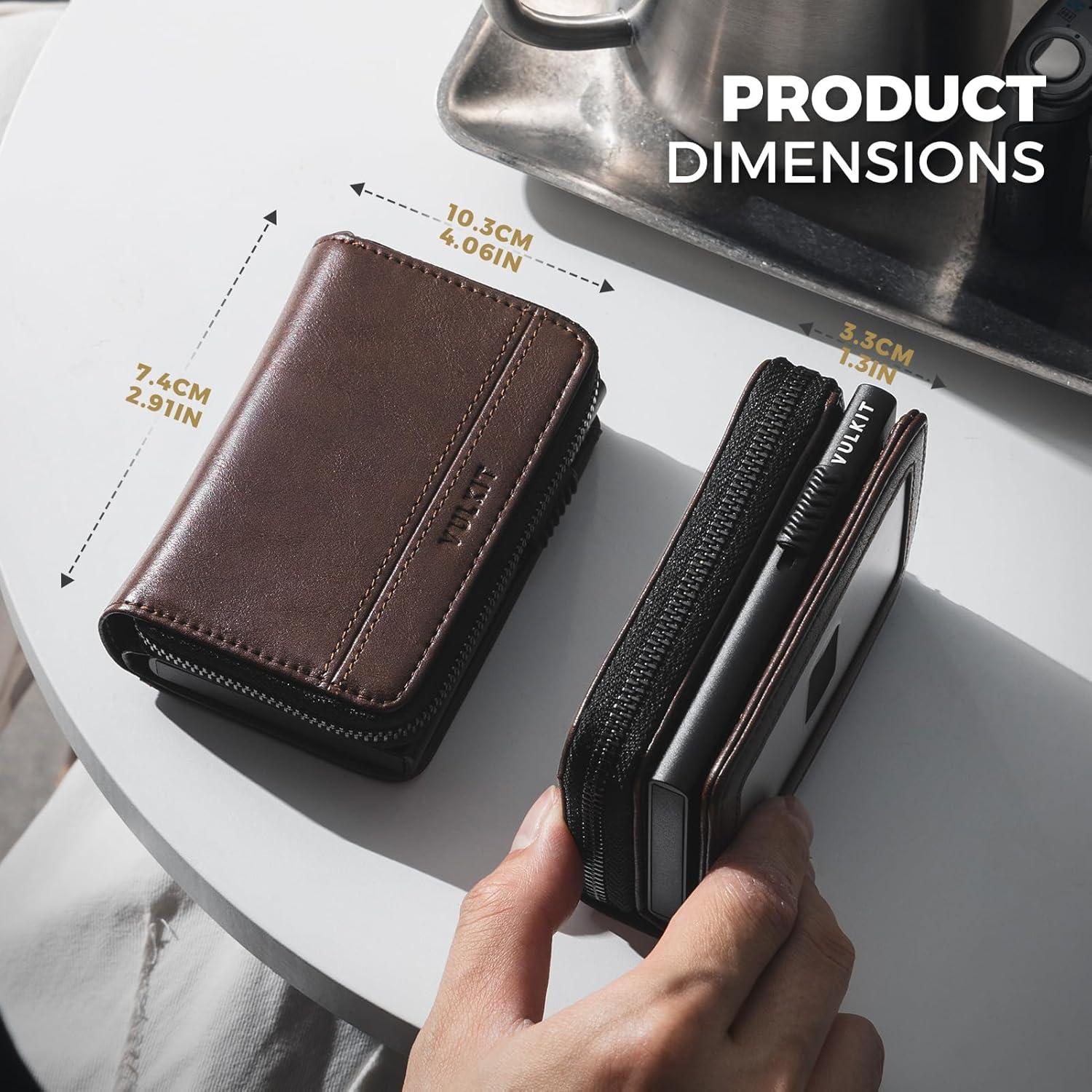 image:imageVULKIT Large Capacity Card Holder Wallet for Men RFID Blocking Pop Up Metal Wallet Holds 15 Cards Bill Slot ID Window Zipper Coin Pocket Forest GreenChestnut Brown