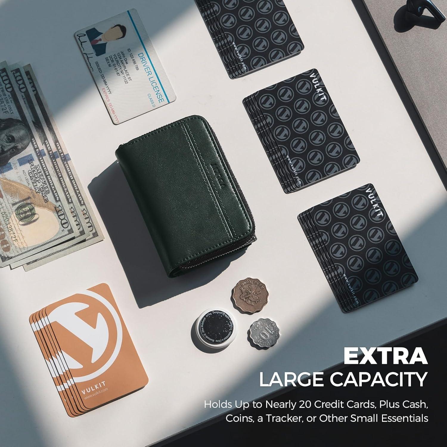 image:imageVULKIT Large Capacity Card Holder Wallet for Men RFID Blocking Pop Up Metal Wallet Holds 15 Cards Bill Slot ID Window Zipper Coin Pocket Forest GreenForest Green