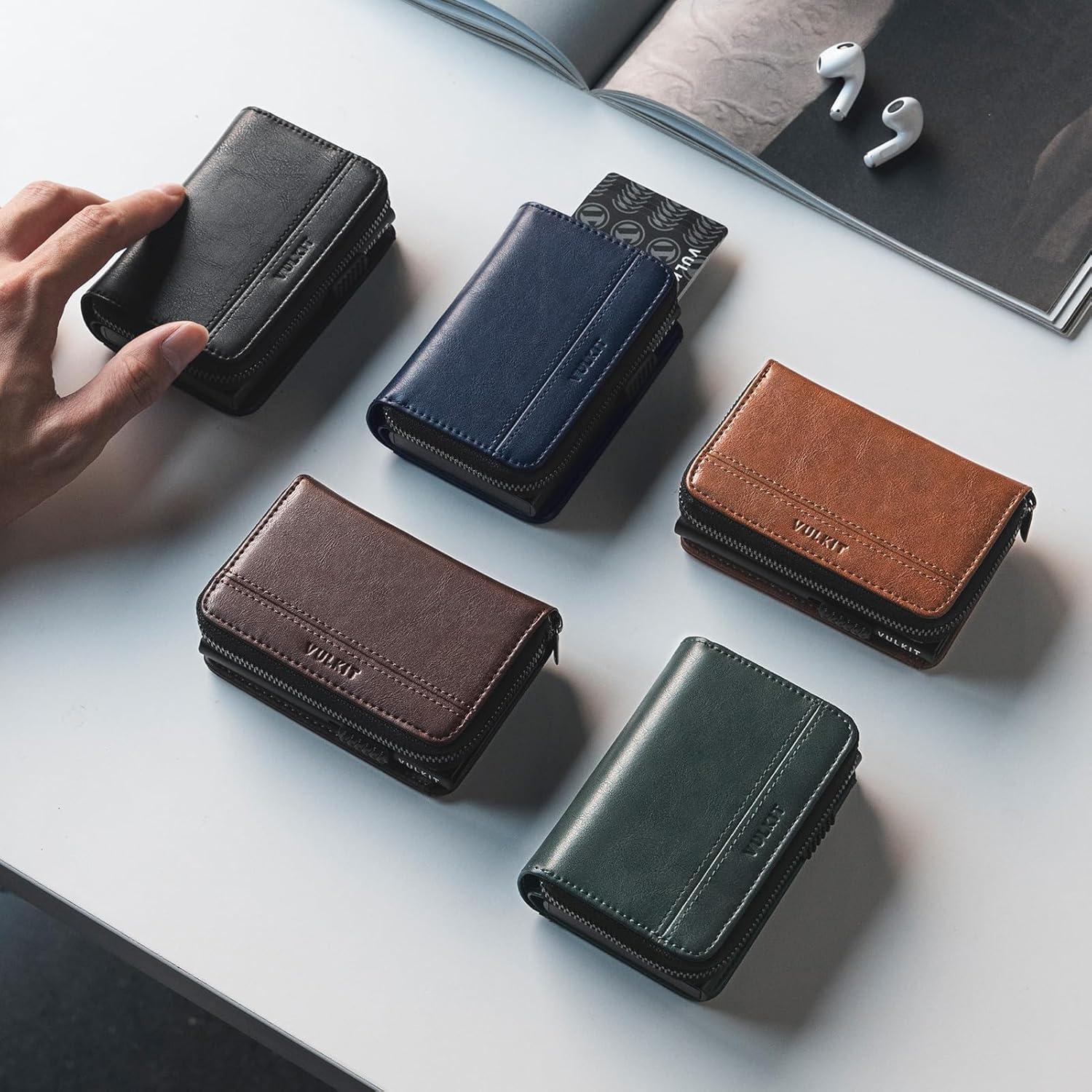 image:imageVULKIT Large Capacity Card Holder Wallet for Men RFID Blocking Pop Up Metal Wallet Holds 15 Cards Bill Slot ID Window Zipper Coin Pocket Forest GreenMidnight Black