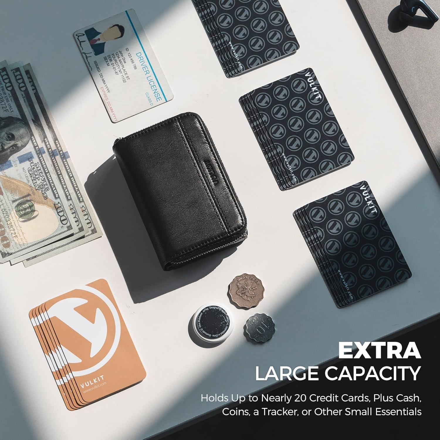 image:imageVULKIT Large Capacity Card Holder Wallet for Men RFID Blocking Pop Up Metal Wallet Holds 15 Cards Bill Slot ID Window Zipper Coin Pocket Forest GreenMidnight Black