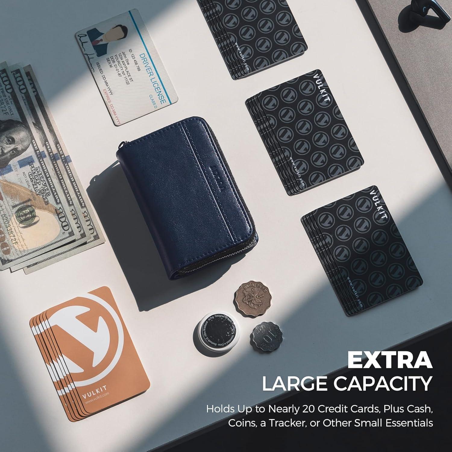 image:imageVULKIT Large Capacity Card Holder Wallet for Men RFID Blocking Pop Up Metal Wallet Holds 15 Cards Bill Slot ID Window Zipper Coin Pocket Forest GreenNavy Blue