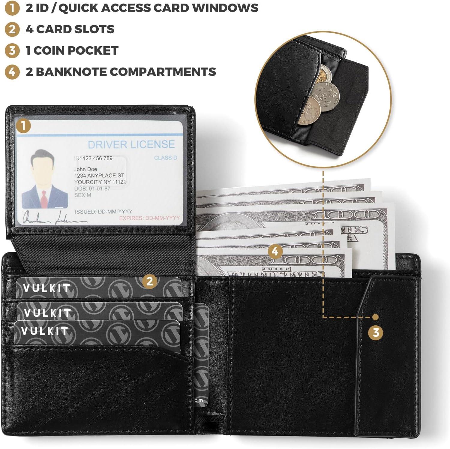 image:imageVULKIT Slim Bifold Leather Wallet RFID Blocking 2 Banknote Compartments 4 Credit Card Holder 2 ID Window and Magnetic Coin Pocket Minimalist BiFold Wallets for Men BlackBlack