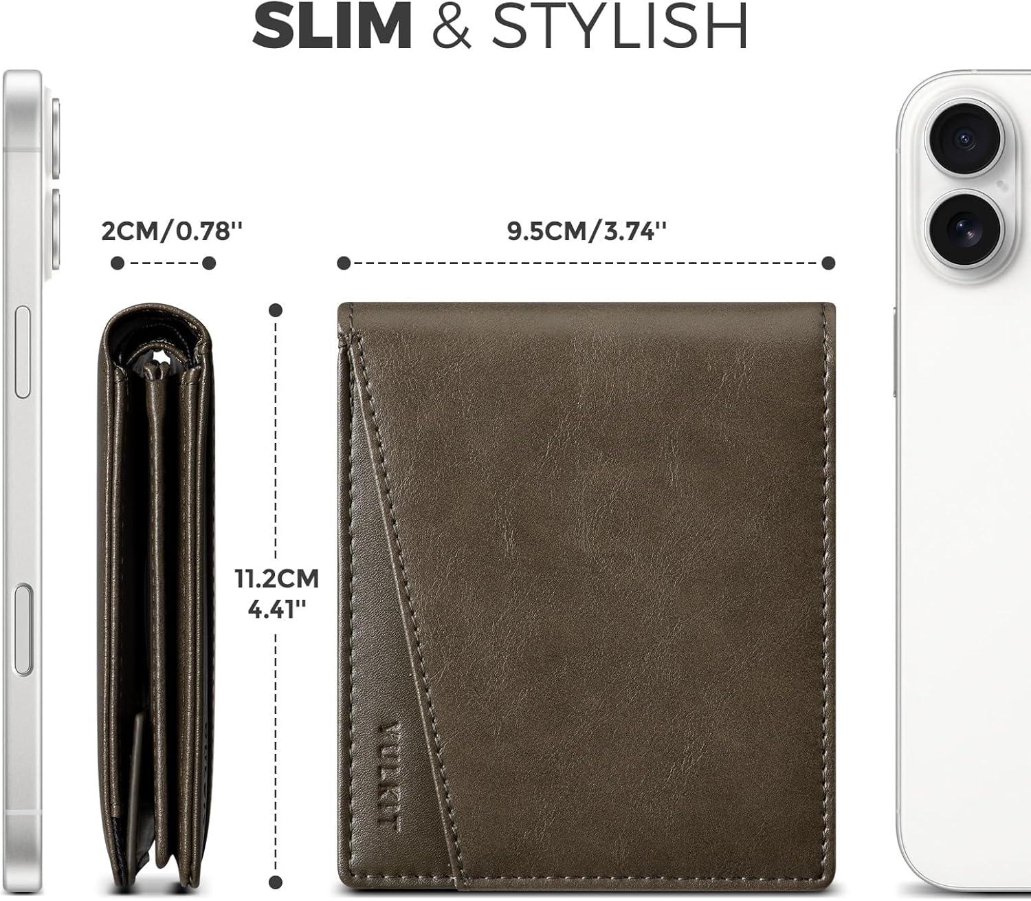 image:imageVULKIT Slim Bifold Leather Wallet RFID Blocking 2 Banknote Compartments 4 Credit Card Holder 2 ID Window and Magnetic Coin Pocket Minimalist BiFold Wallets for Men BlackGreen