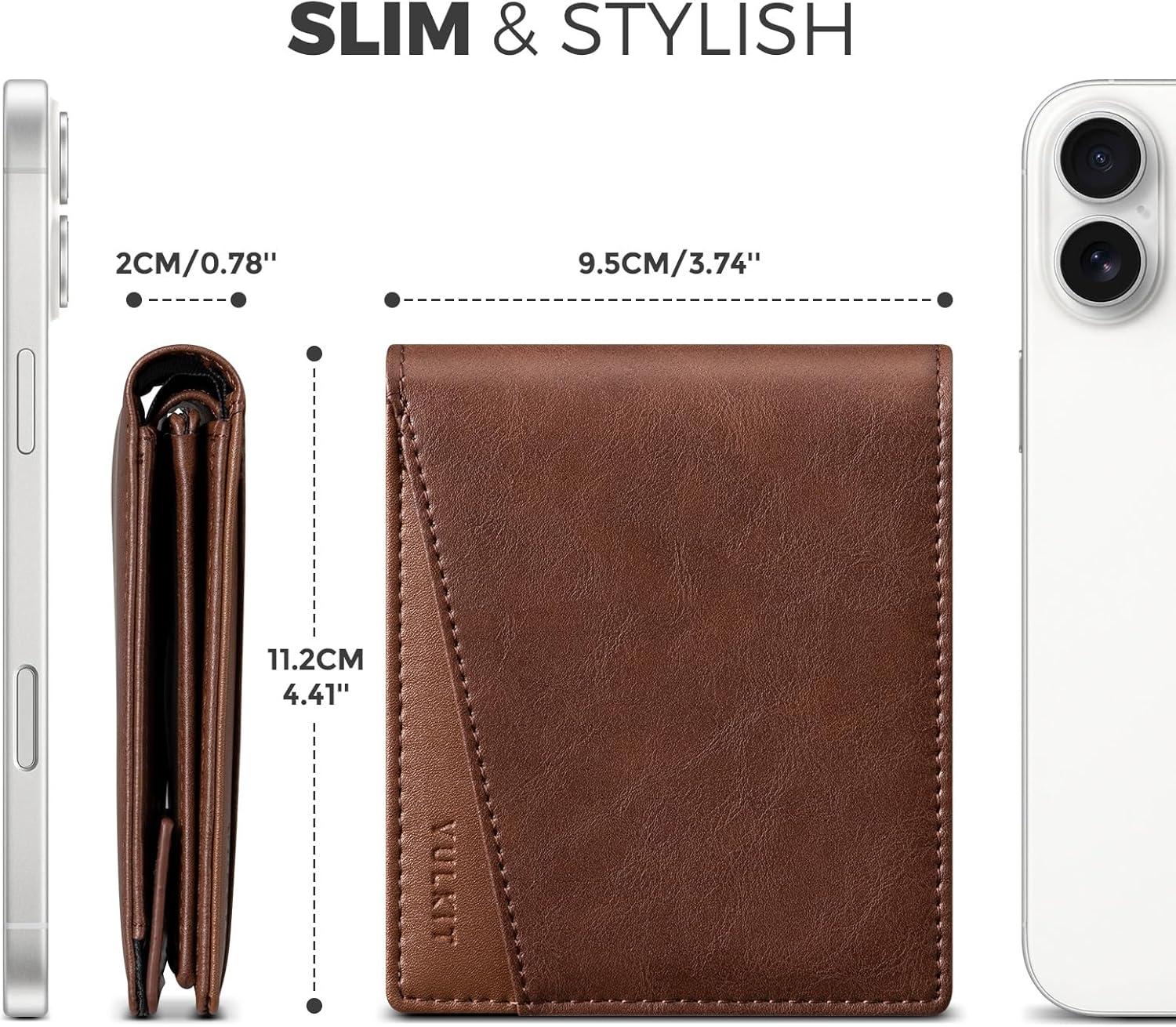 image:imageVULKIT Slim Bifold Leather Wallet RFID Blocking 2 Banknote Compartments 4 Credit Card Holder 2 ID Window and Magnetic Coin Pocket Minimalist BiFold Wallets for Men BlackBrown