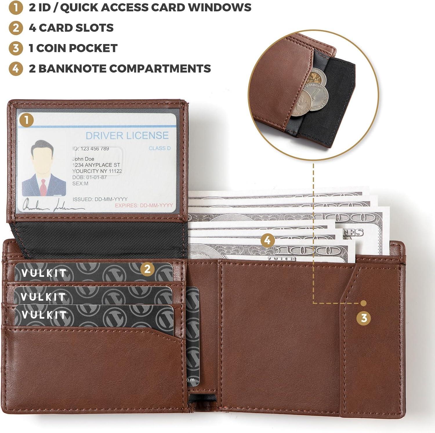 image:imageVULKIT Slim Bifold Leather Wallet RFID Blocking 2 Banknote Compartments 4 Credit Card Holder 2 ID Window and Magnetic Coin Pocket Minimalist BiFold Wallets for Men BlackBrown