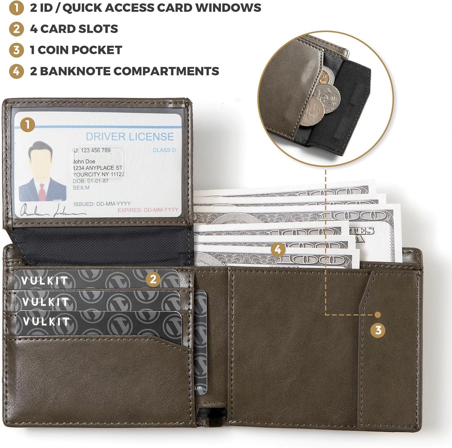 image:imageVULKIT Slim Bifold Leather Wallet RFID Blocking 2 Banknote Compartments 4 Credit Card Holder 2 ID Window and Magnetic Coin Pocket Minimalist BiFold Wallets for Men BlackGreen