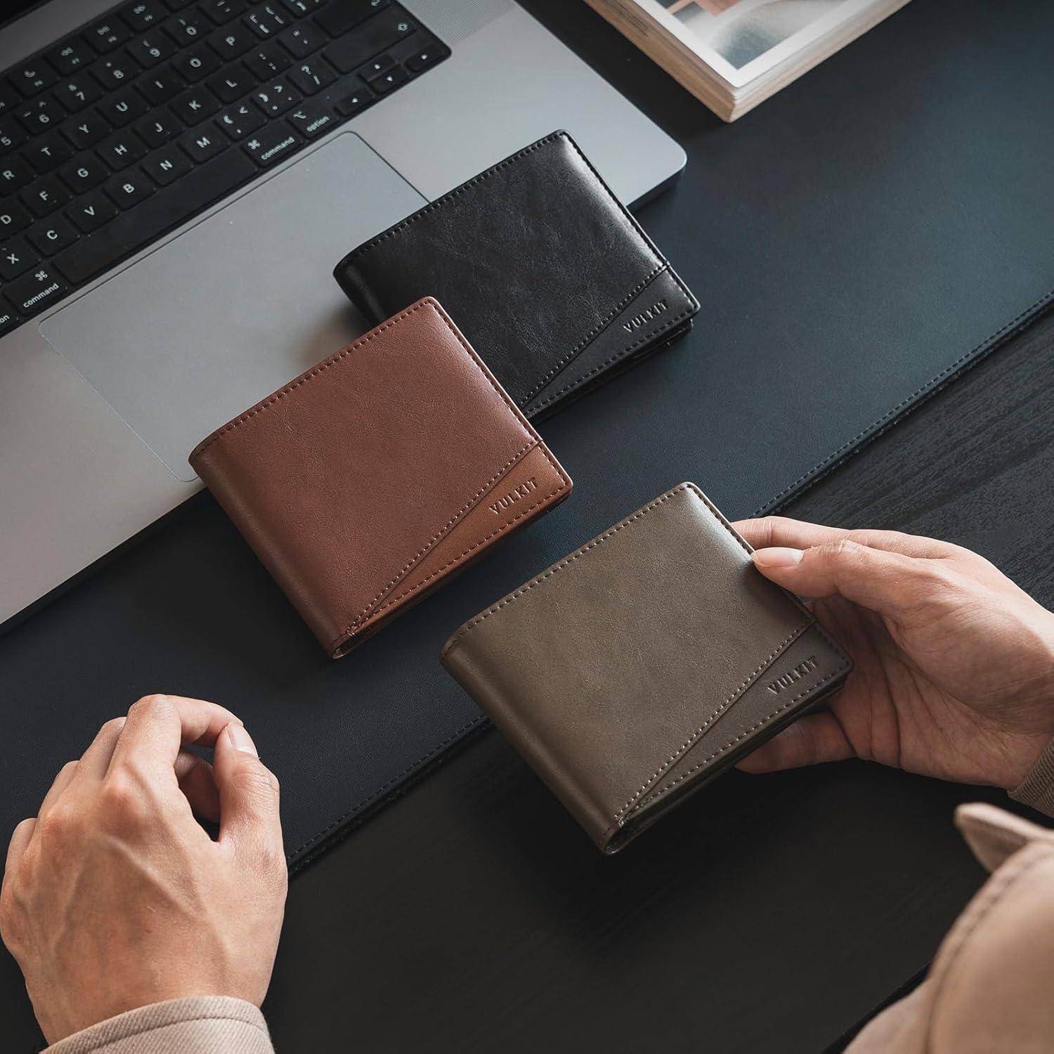 image:imageVULKIT Slim Bifold Leather Wallet RFID Blocking 2 Banknote Compartments 4 Credit Card Holder 2 ID Window and Magnetic Coin Pocket Minimalist BiFold Wallets for Men BlackBrown