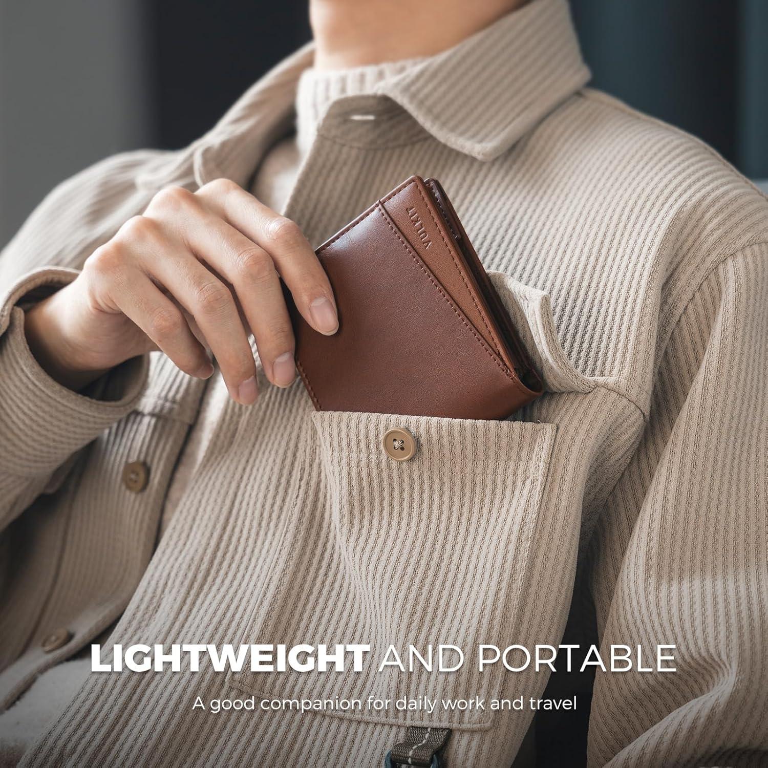image:imageVULKIT Slim Bifold Leather Wallet RFID Blocking 2 Banknote Compartments 4 Credit Card Holder 2 ID Window and Magnetic Coin Pocket Minimalist BiFold Wallets for Men BlackBrown