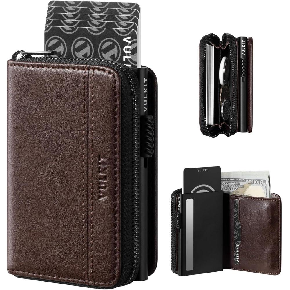 image:imageVULKIT Large Capacity Card Holder Wallet for Men RFID Blocking Pop Up Metal Wallet Holds 15 Cards Bill Slot ID Window Zipper Coin Pocket Forest GreenChestnut Brown