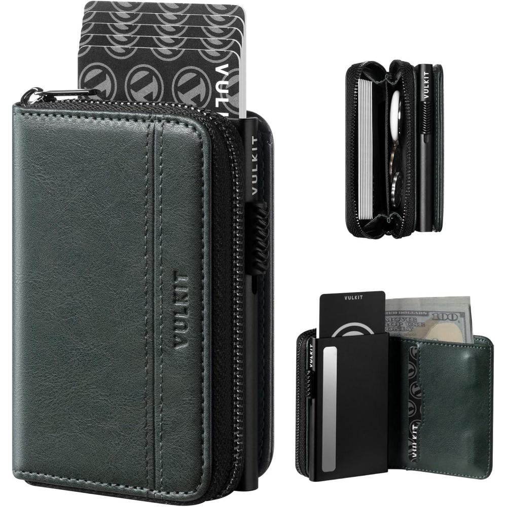 image:imageVULKIT Large Capacity Card Holder Wallet for Men RFID Blocking Pop Up Metal Wallet Holds 15 Cards Bill Slot ID Window Zipper Coin Pocket Forest GreenForest Green