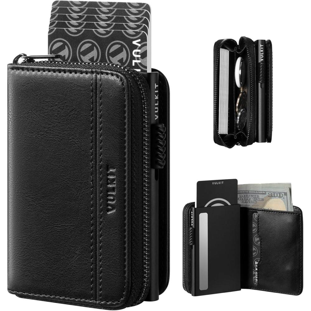 image:imageVULKIT Large Capacity Card Holder Wallet for Men RFID Blocking Pop Up Metal Wallet Holds 15 Cards Bill Slot ID Window Zipper Coin Pocket Forest GreenMidnight Black