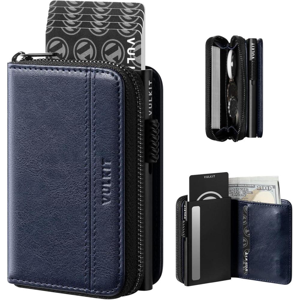image:imageVULKIT Large Capacity Card Holder Wallet for Men RFID Blocking Pop Up Metal Wallet Holds 15 Cards Bill Slot ID Window Zipper Coin Pocket Forest GreenNavy Blue