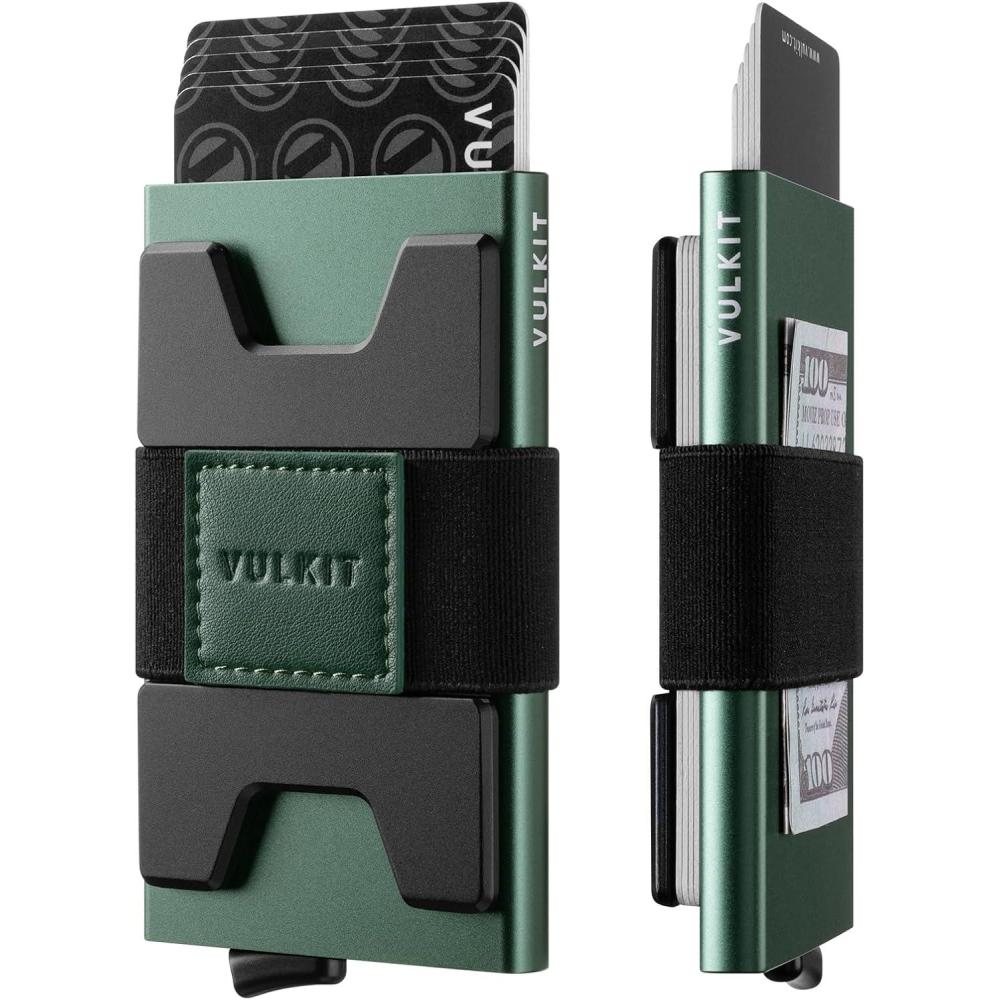 image:imageVULKIT RFID Blocking Card Holder Wallet for Men Aluminum Expandable Backplate Slim Minimalist Metal Pop Up Wallet Holds 15 Cards amp Cash BlackMidnight Green