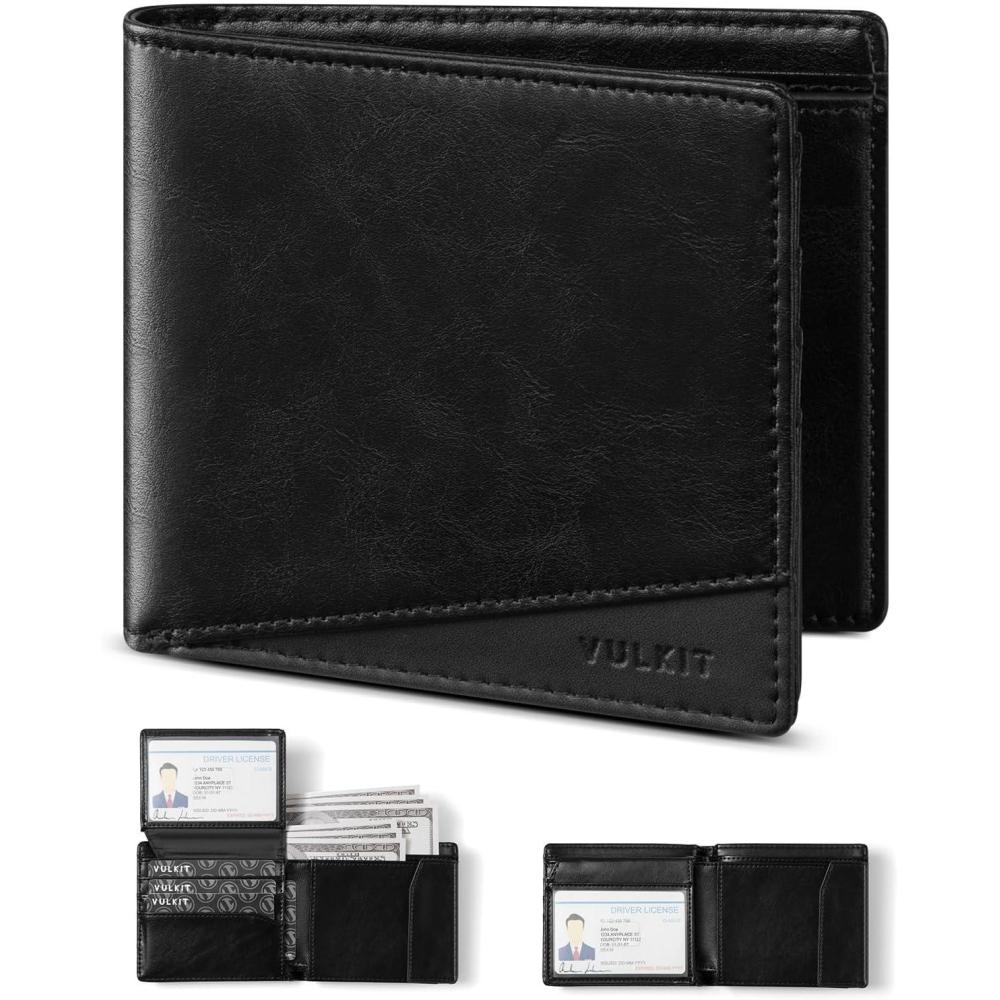 image:imageVULKIT Slim Bifold Leather Wallet RFID Blocking 2 Banknote Compartments 4 Credit Card Holder 2 ID Window and Magnetic Coin Pocket Minimalist BiFold Wallets for Men BlackBlack