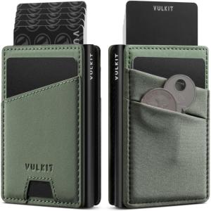 VULKIT Credit Card Holder with Money Pocket Pop up Wallet Metal Card Case RFID Blocking for Airtag, Coins and Cash Green(Green)