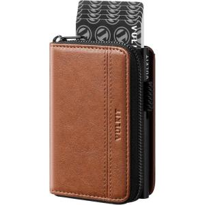 VULKIT Large Capacity Card Holder Wallet for Men, RFID Blocking Pop Up Metal Wallet, Holds 15+ Cards, Bill Slot, ID Window, Zipper Coin Pocket, Forest Green(Caramel Tan)