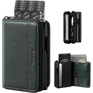 VULKIT Large Capacity Card Holder Wallet for Men, RFID Blocking Pop Up Metal Wallet, Holds 15+ Cards, Bill Slot, ID Window, Zipper Coin Pocket, Forest Green(Forest Green)