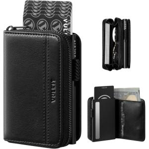 VULKIT Large Capacity Card Holder Wallet for Men, RFID Blocking Pop Up Metal Wallet, Holds 15+ Cards, Bill Slot, ID Window, Zipper Coin Pocket, Forest Green(Midnight Black)