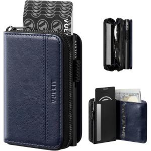 VULKIT Large Capacity Card Holder Wallet for Men, RFID Blocking Pop Up Metal Wallet, Holds 15+ Cards, Bill Slot, ID Window, Zipper Coin Pocket, Forest Green(Navy Blue)
