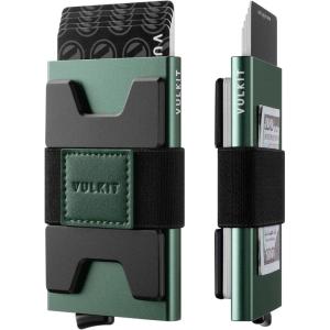 VULKIT RFID Blocking Card Holder Wallet for Men, Aluminum Expandable Backplate, Slim Minimalist Metal Pop Up Wallet, Holds 15+ Cards & Cash, Black(Midnight Green)