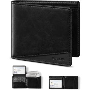VULKIT Slim Bifold Leather Wallet RFID Blocking 2 Banknote Compartments 4 Credit Card Holder 2 ID Window and Magnetic Coin Pocket Minimalist Bi-Fold Wallets for Men (Black)(Black)