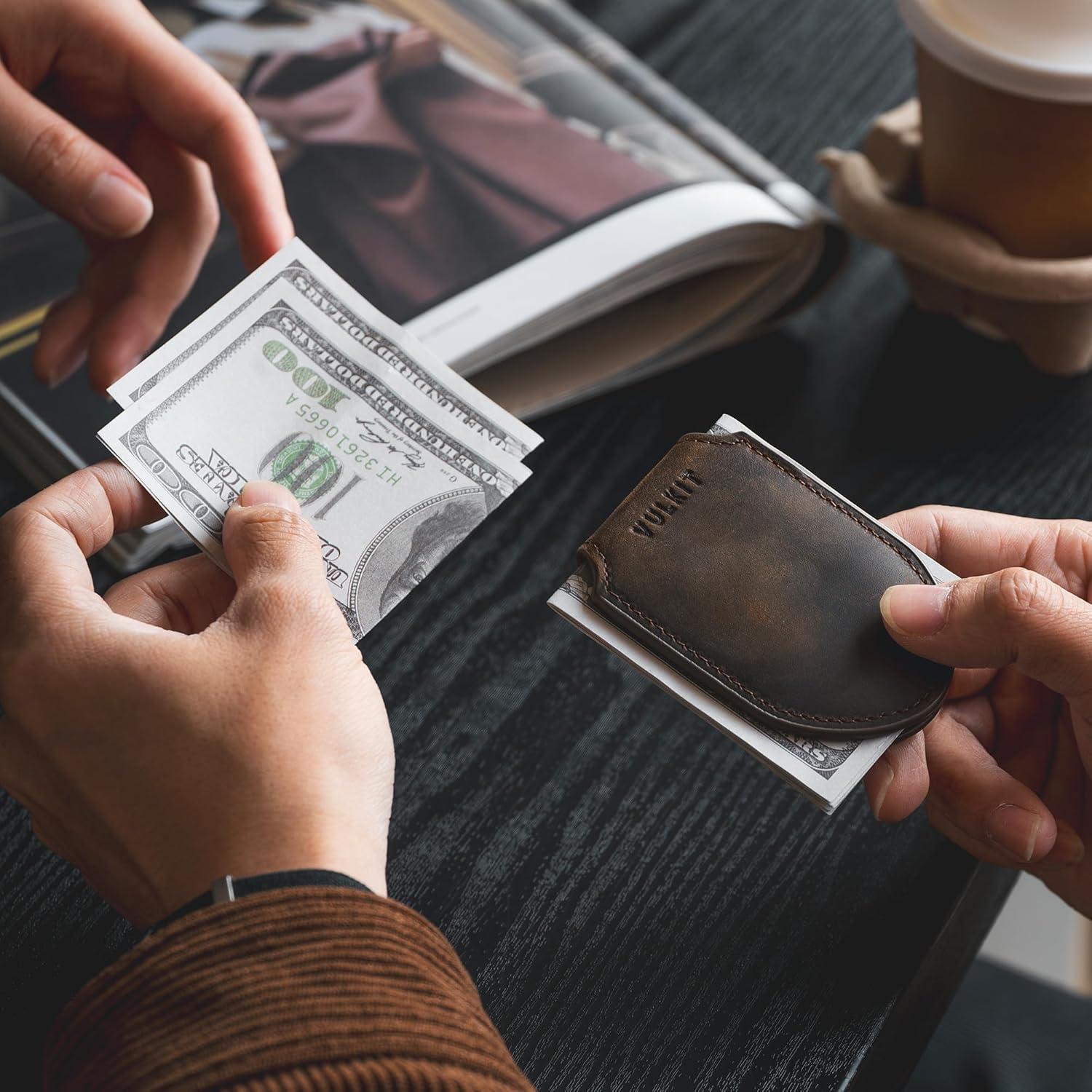 image:imageVULKIT Luxury Money Clip Top Grain Leather Magnetic Closure VULKIT Streamline Design Money Clip Wallet Holds 1020 BillsHandicrafts Cowhide Espresso